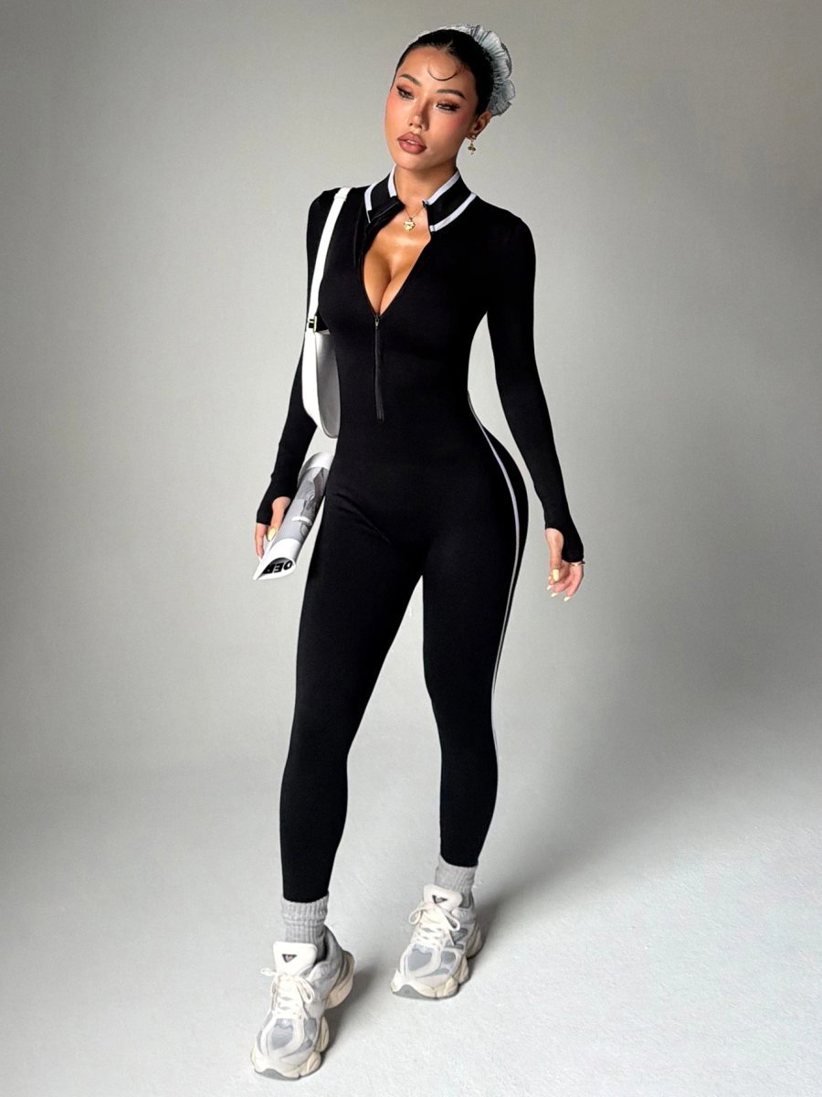 A jumpsuit is a one – piece outfit combining a top and trousers. — O-11842