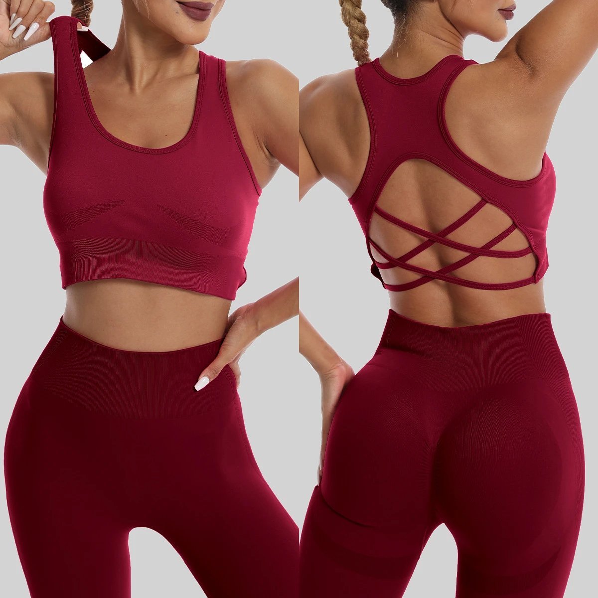 Ladies Sports Seamless Athletic High Waist Butt Lift Leggings Set Women — SS-5054.1